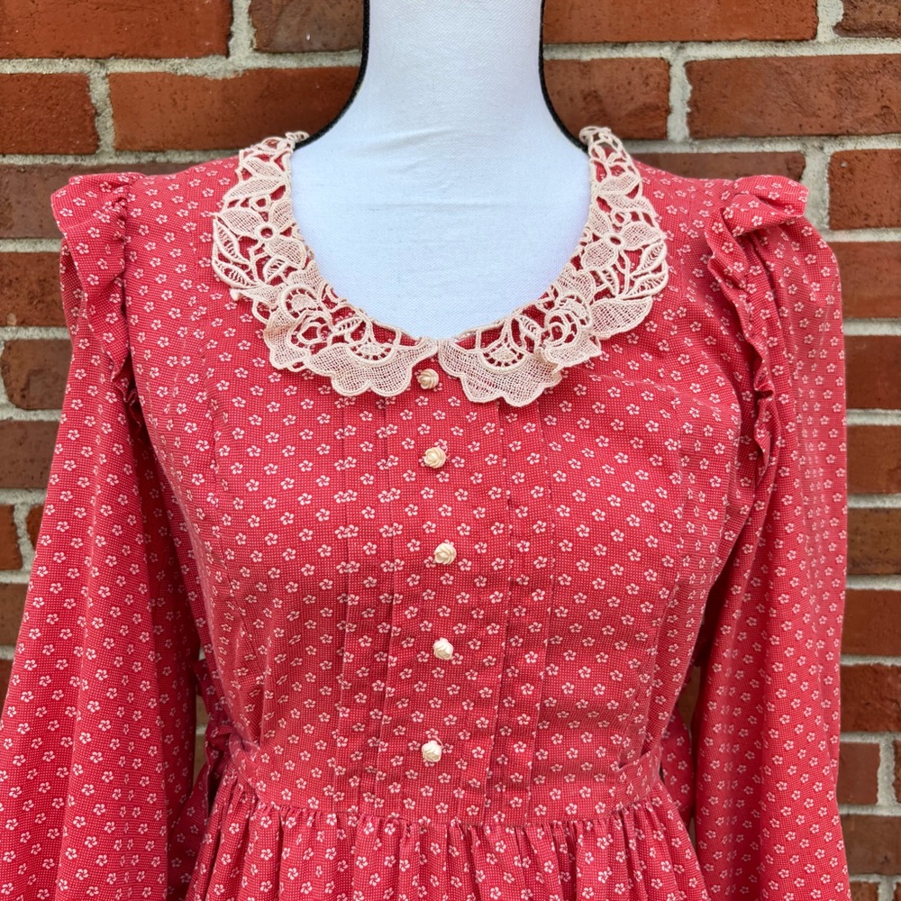 Vintage Candi Jones California Red Floral Print Long Sleeve Dress Ruffles Lace - Picture 3 of 9